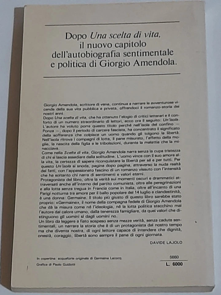 UN'ISOLA. GIORGIO AMENDOLA. RIZZOLI EDITORE. 1° EDIZIONE APRILE 1980.