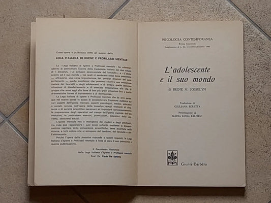 L'ADOLESCENTE E IL SUO MONDO.  IRENE M. JOSSELYN.   GIUNTI BARBERA EDITORE. RISTAMPA 1980.