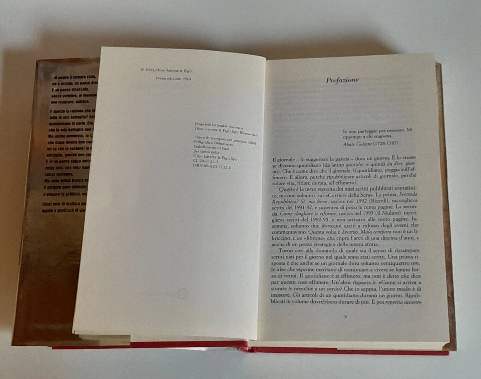 MALA TEMPORA. GIOVANNI SARTORI. COLLANA: I ROBINSON / LETTURE. LATERZA EDITORE. 1° EDIZIONE 2004.