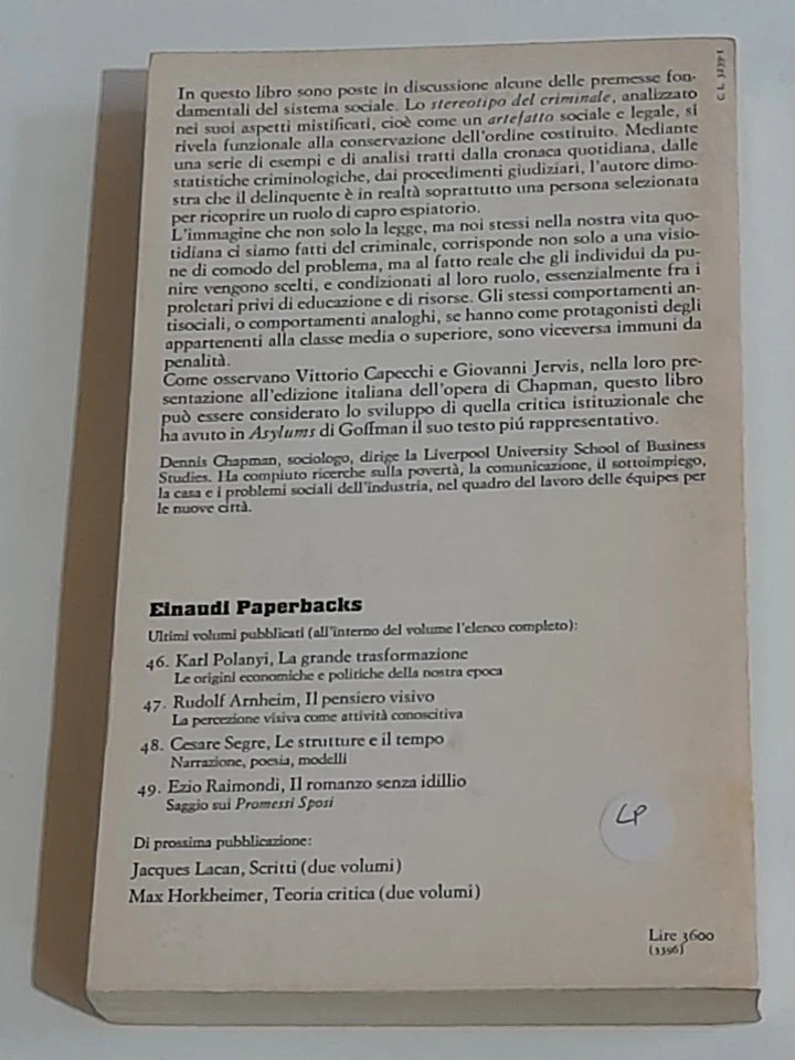 LO STEREOTIPO DEL CRIMINALE. DENNIS CHAPMAN. EINAUDI EDITORE. COLLANA: EINAUDI PAPERBACKS 27. 2° EDIZIONE 1974.