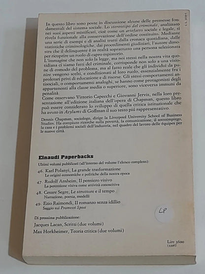 LO STEREOTIPO DEL CRIMINALE. DENNIS CHAPMAN. EINAUDI EDITORE. COLLANA: EINAUDI PAPERBACKS 27. 2° EDIZIONE 1974.