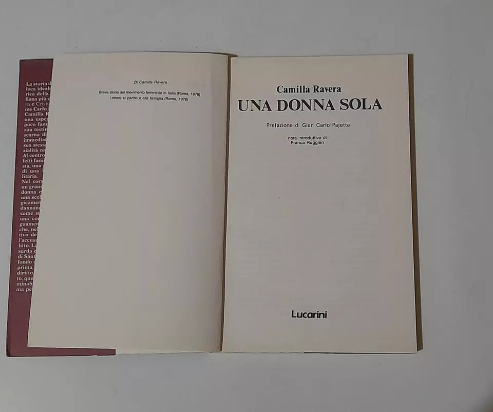 UNA DONNA SOLA. CAMILLA RAVERA. LUCARINI EDITORE. COLLANA: LE PAGINE 18. 1° EDIZIONE 1988.