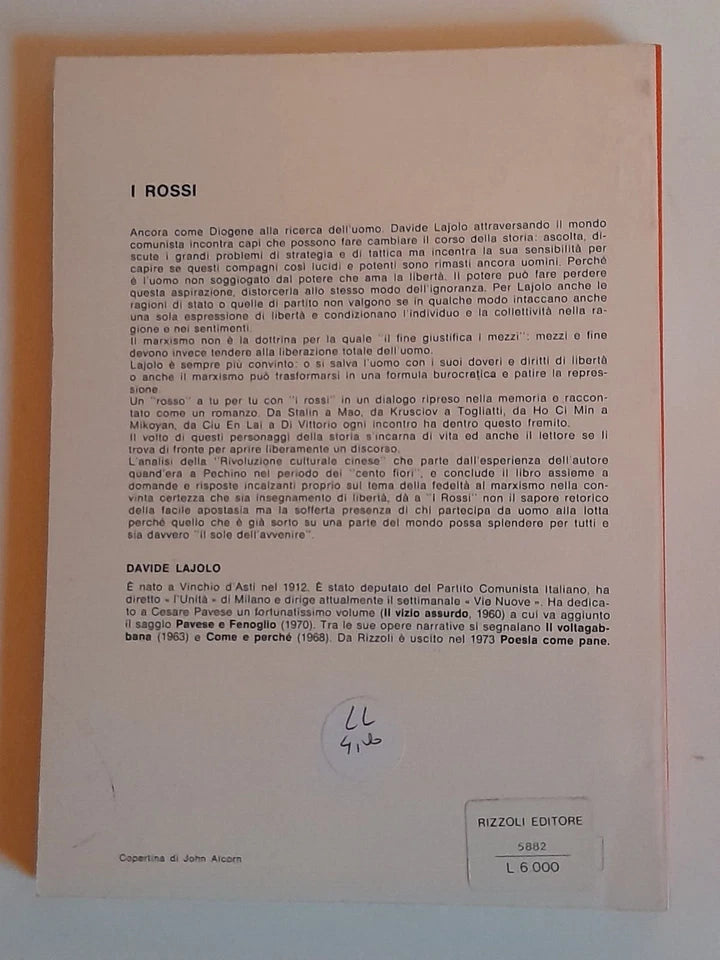 I ROSSI. DAVIDE LAJOLO. RIZZOLI EDITORE. 1 ° EDIZIONE AGOSTO 1974.