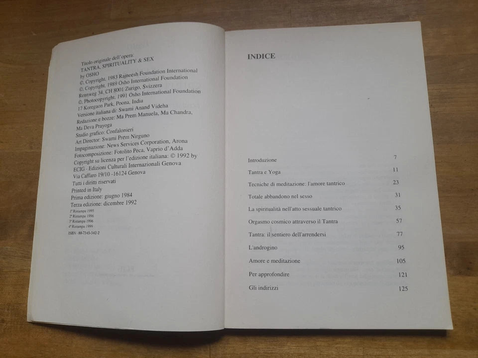 TANTRA SPIRITUALITÀ E SESSO. OSHO RAJNEESH. EDIZIONI ECIG. RISTAMPA 1992. VERSIONE ITALIANA DI SWAMI ANAND VIDEHA.