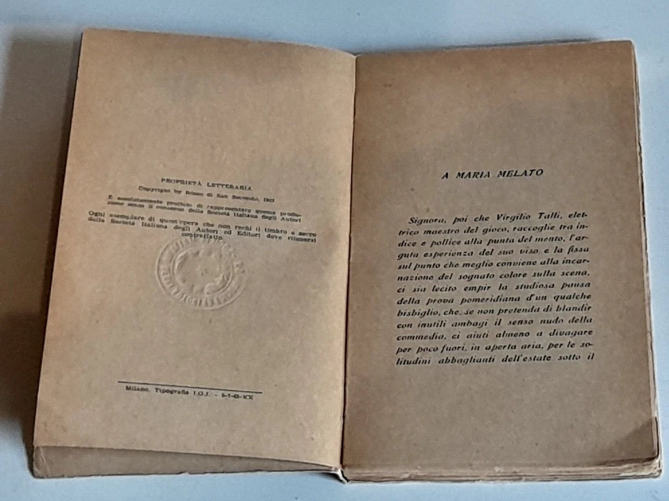 LA BELLA ADDORMENTATA. PIERMARIA ROSSO DI SAN SECONDO. AVVENTURA COLORATA IN TRE ATTI CON UN PRELUDIO E DUE INTERMEZZI. GARZANTI EDITORE. 2° EDIZIONE 1923.